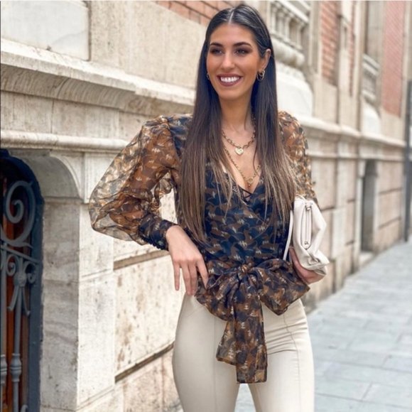 ZARA brown black printed organza blouse BISHOP SLEEVES bow NWT - Picture 7 of 7